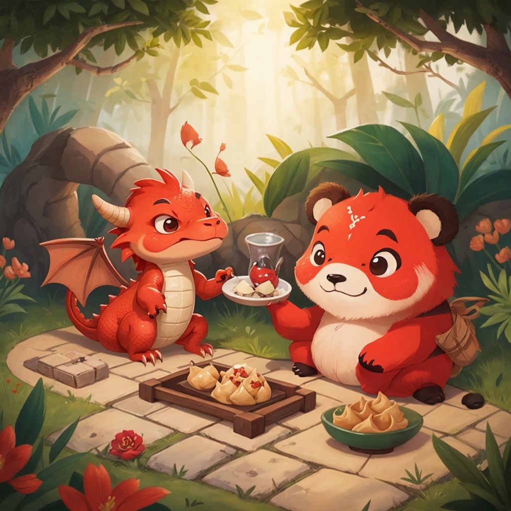 Bixi in a peaceful garden, watching a wise old panda making wontons, with a joyful expression after tasting one.