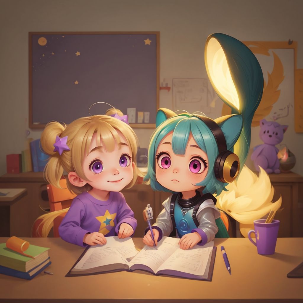 Aria and Mella inside a crater classroom at Moon School. Fluffy Teacher with a glowing yellow fluffy tail is teaching, with stars and planets on a screen. Aria looks amazed and happy.