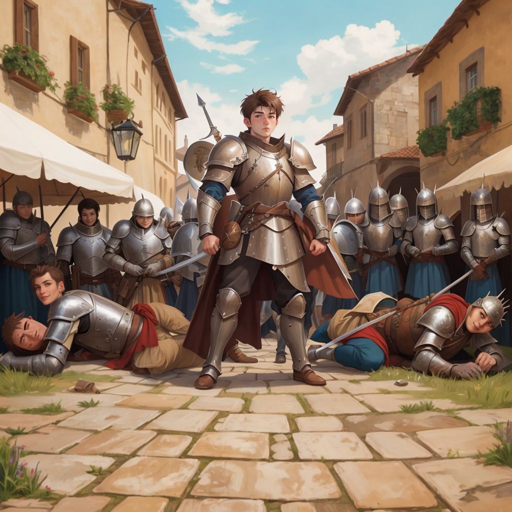 A victorious Beowulf standing in the center of a medieval town square, surrounded by celebrating townspeople. The Warriors of Heorot raising their swords in triumph