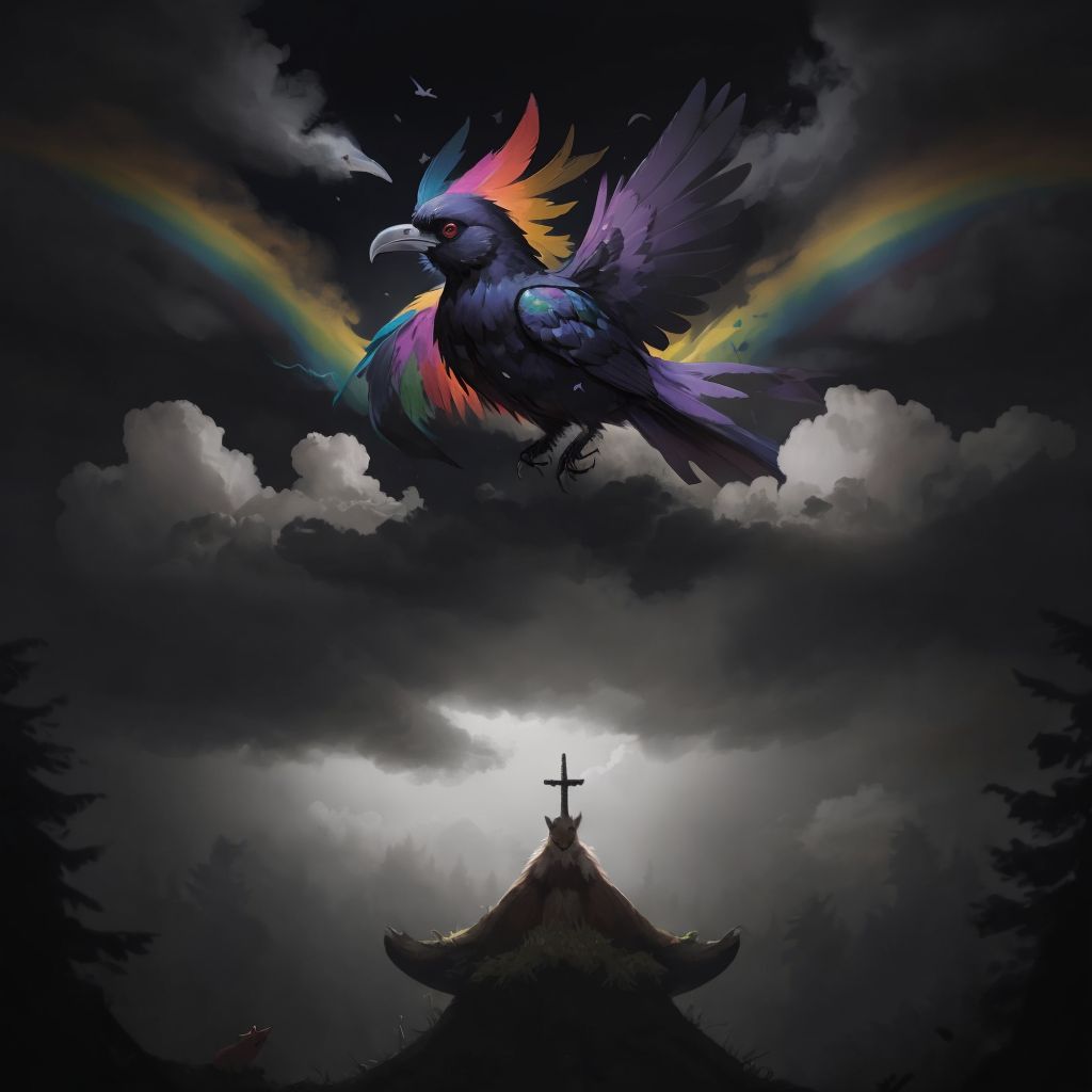 THE MULTICOLORED RAVEN flying high above dark storm clouds, his rainbow feathers glowing like a beacon. Forest animals looking up at him from below.