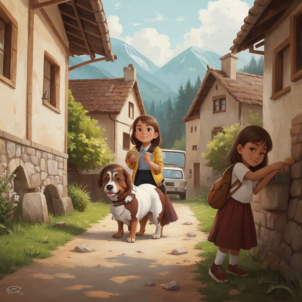 A young girl hugging Buzzie Too (a brown and white terrier) in front of a small village house, with her family standing nearby