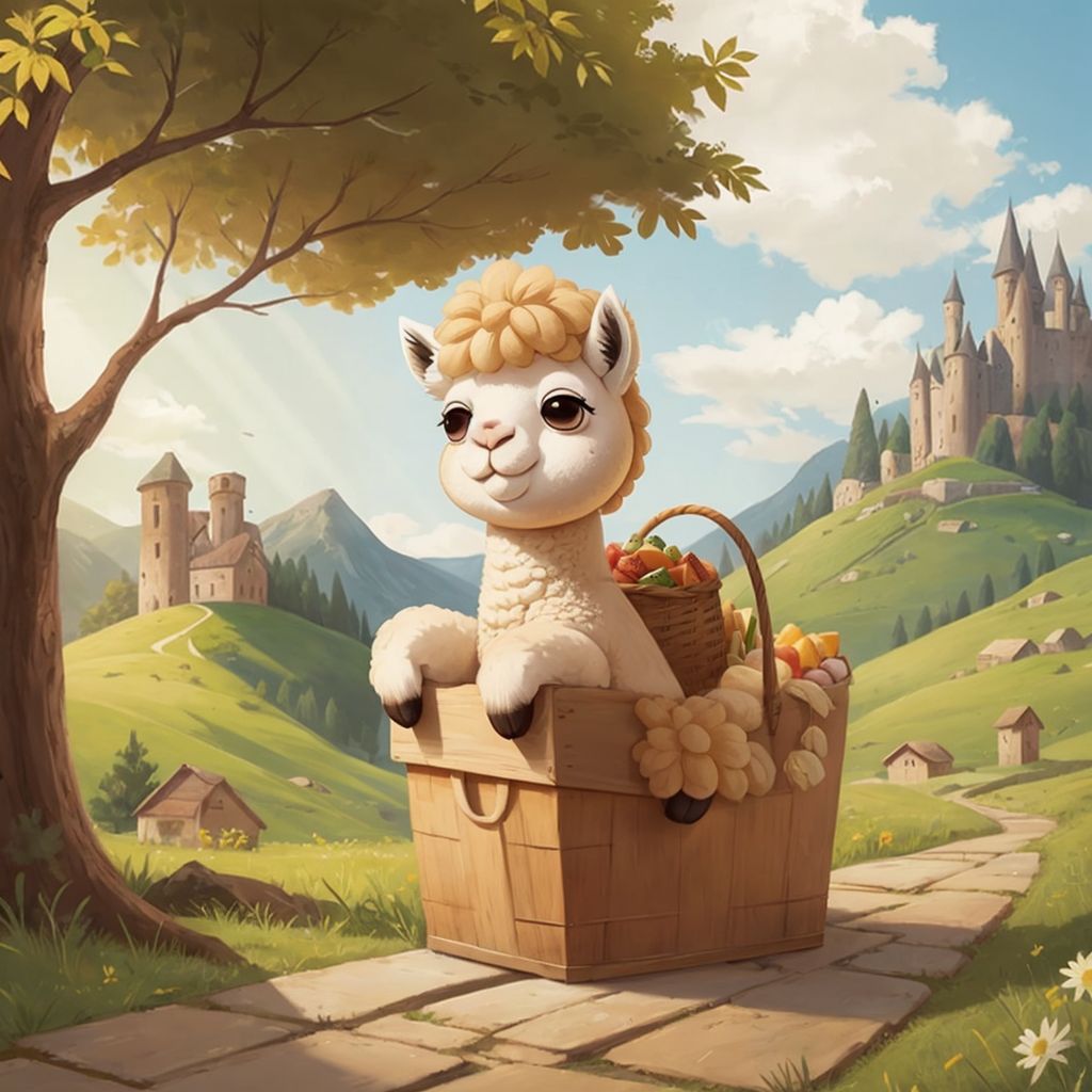 Annie the alpaca with her friends on a picnic beyond the hills, carrying a basket of snacks, with a joyful expression.