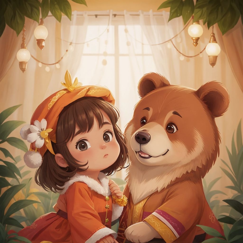 Duda the bear and The mom bear surrounded by colorful fabrics and shiny beads, Duda wearing a bright costume