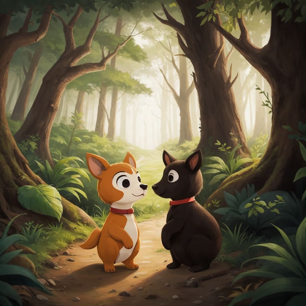 Mousedeer and Kancil standing together at the edge of the dark forest with determined expressions