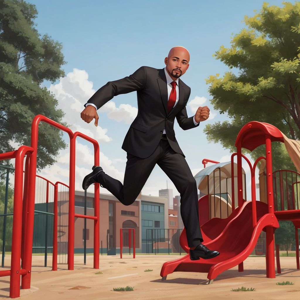 Mr Noke running through a playground