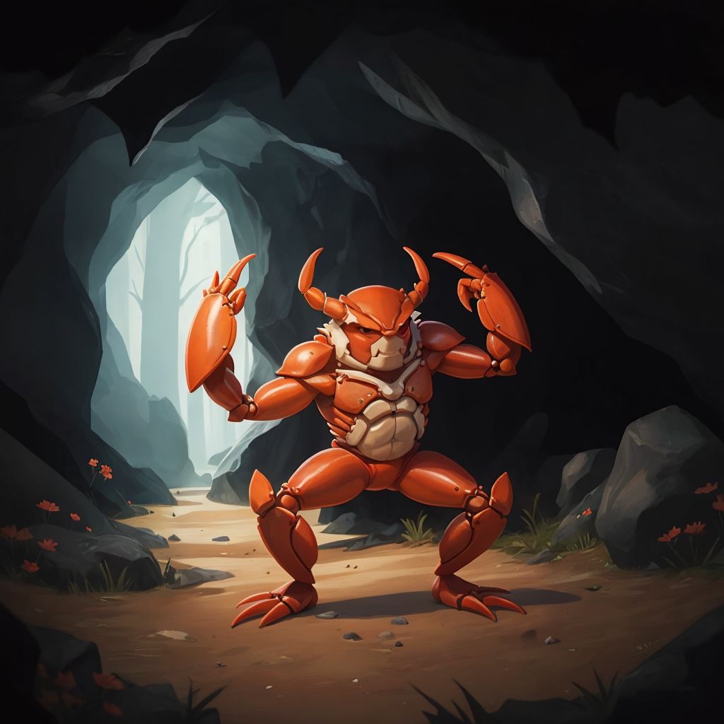 Bookie, a crab boy with claws, standing guard at the entrance of a dark cave