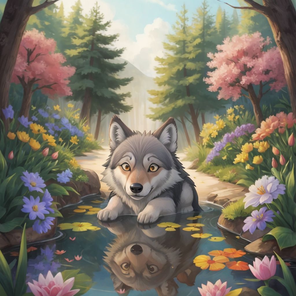Luna gazing at her reflection in a sparkling, mystical pond surrounded by flowers
