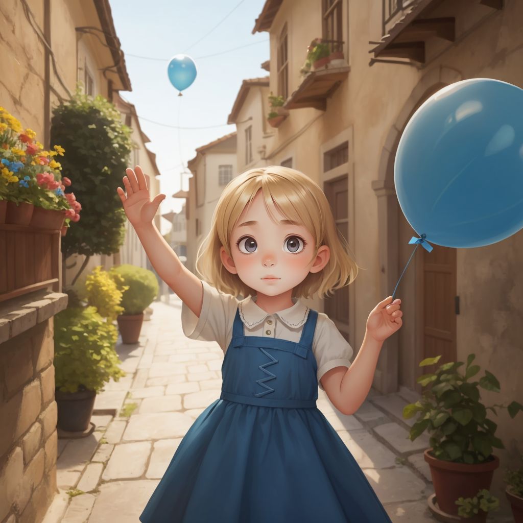 Emma waving goodbye to her new friends, with a glowing blue balloon bringing her back home