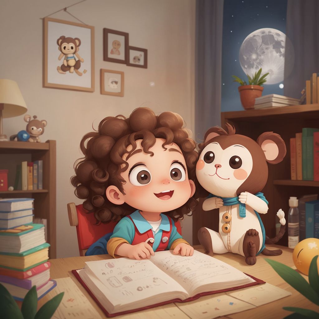 A Boy with curly hair whispering secrets to a well-loved stuffed Monkey with button eyes under the moonlight.