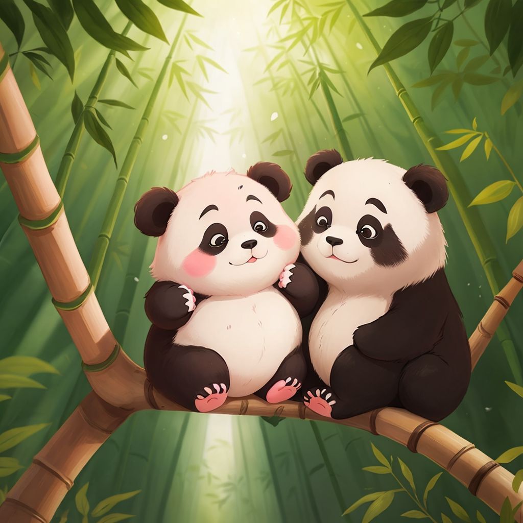 Polly Panda with tears in her eyes, being hugged warmly by her mama in a bamboo forest