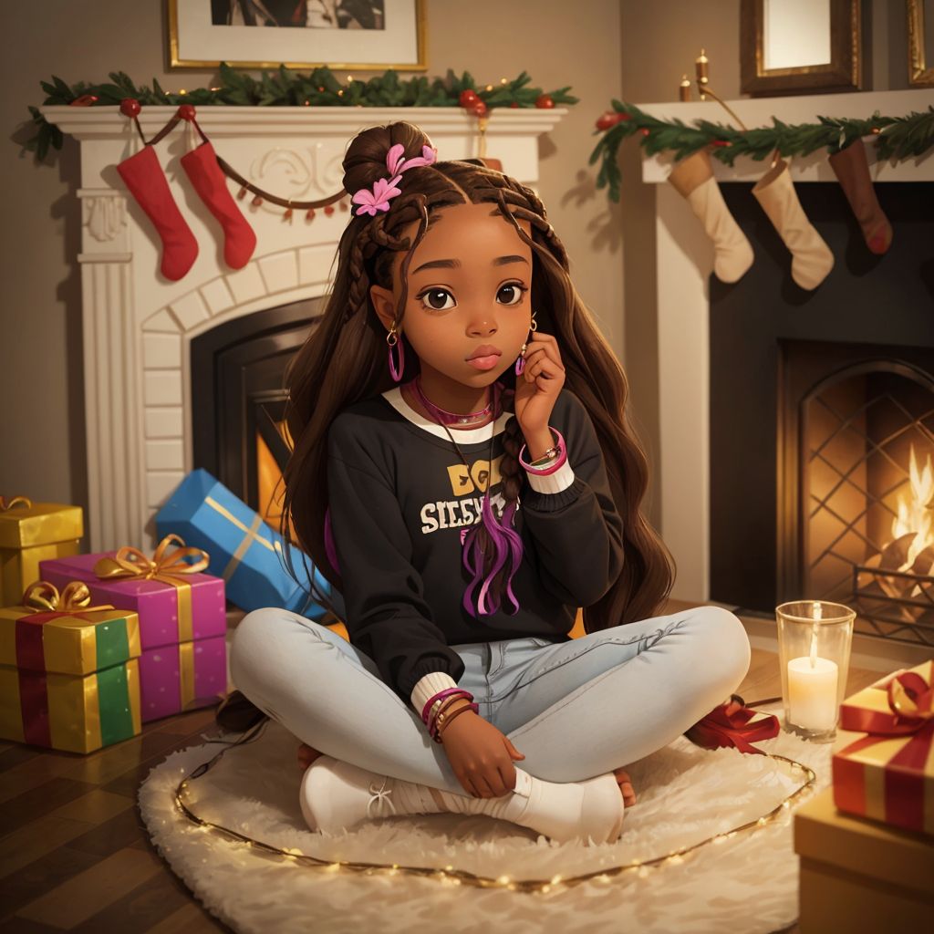 Charli with braided brown hair and hair jewelry, sitting cross-legged on the floor surrounded by tangled Christmas lights, with a warm smile on her face. Living room decorations visible in the background.