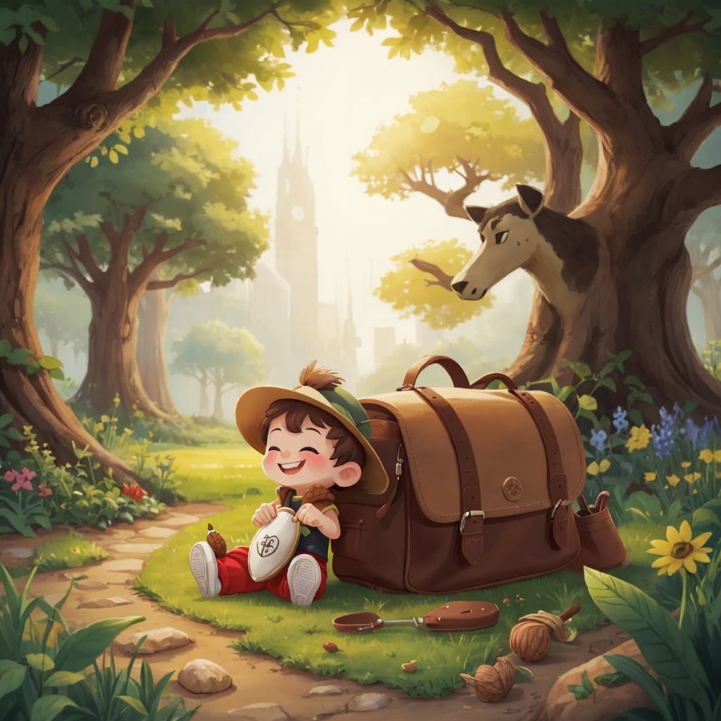 A smiling acorn seed Mira inside a brown gardener's bag, dreaming of a big oak tree with branches reaching to the sky shown in a thought bubble