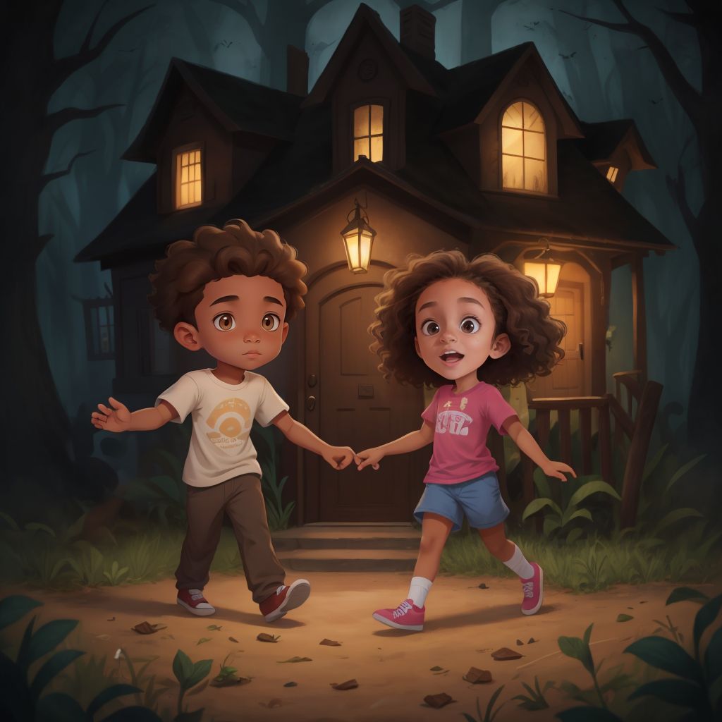 Jack biracial boy walks into haunted house with Annie biracial curly hair girl