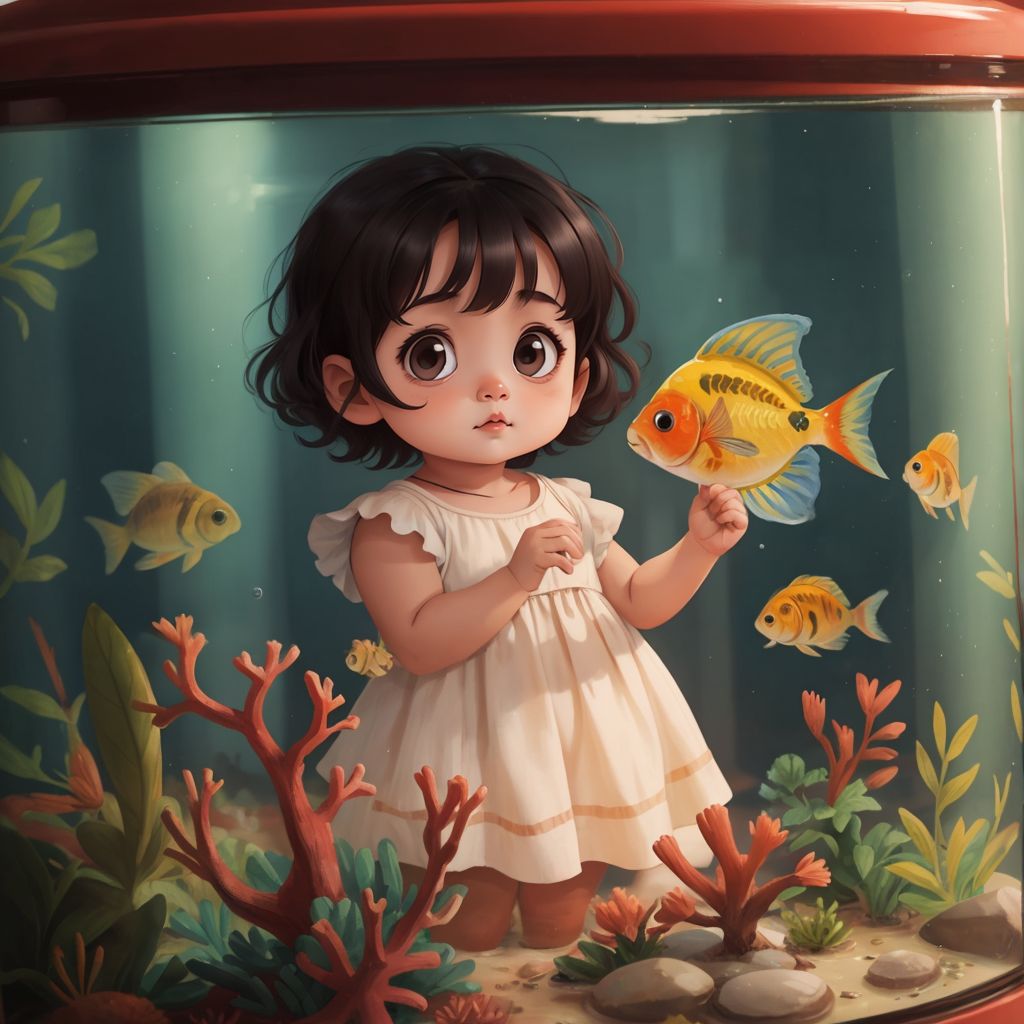 Hannah placing her small hand on the glass of a big tank filled with colorful fish and coral, blue light reflecting in her eyes