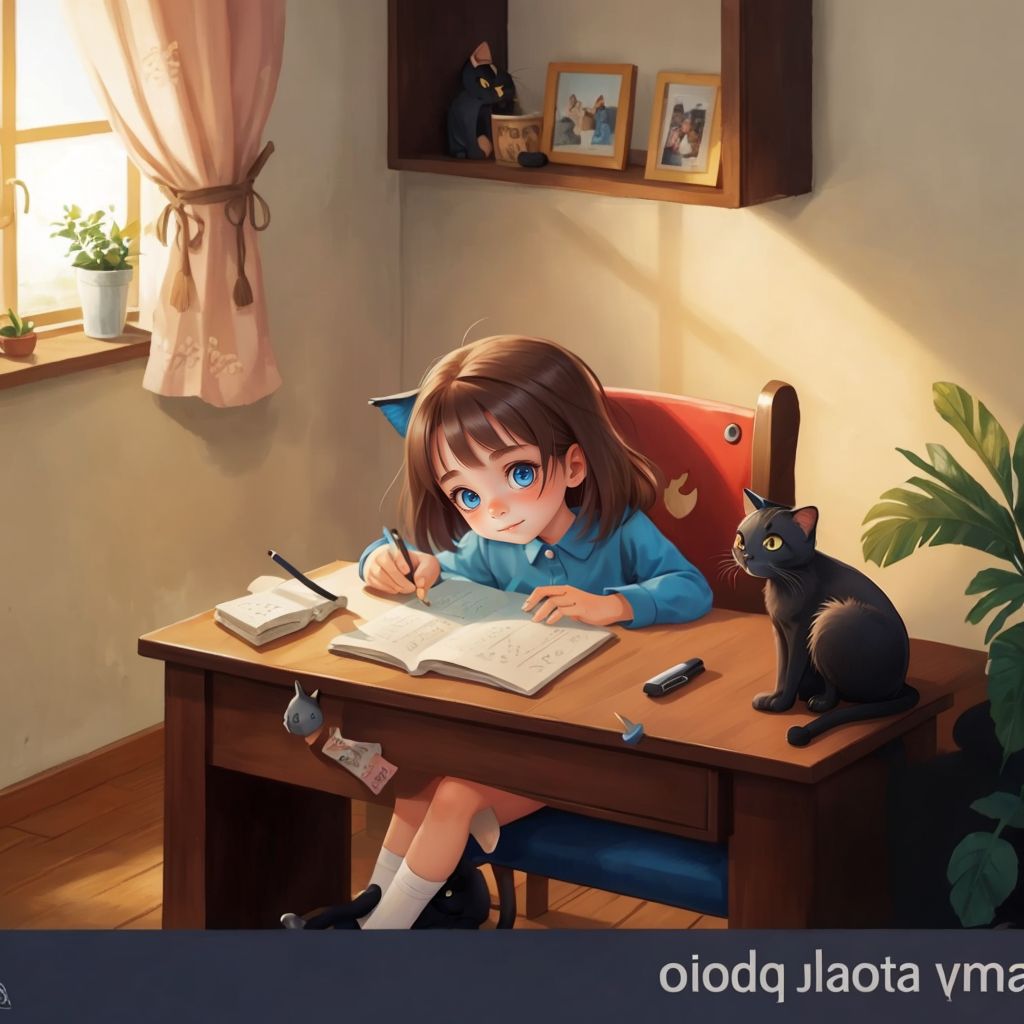 Mia happily creating a collage at her desk, with Max the cat nearby