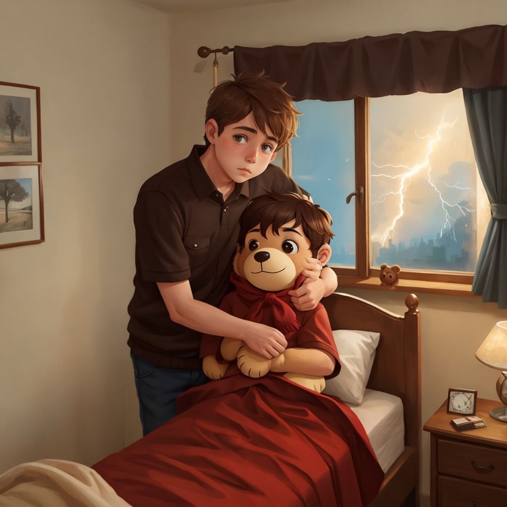 A scared Alex sitting on his bed in a dark room, tightly hugging Charlie (a brown stuffed bear with a red bowtie). Lightning visible through the window.