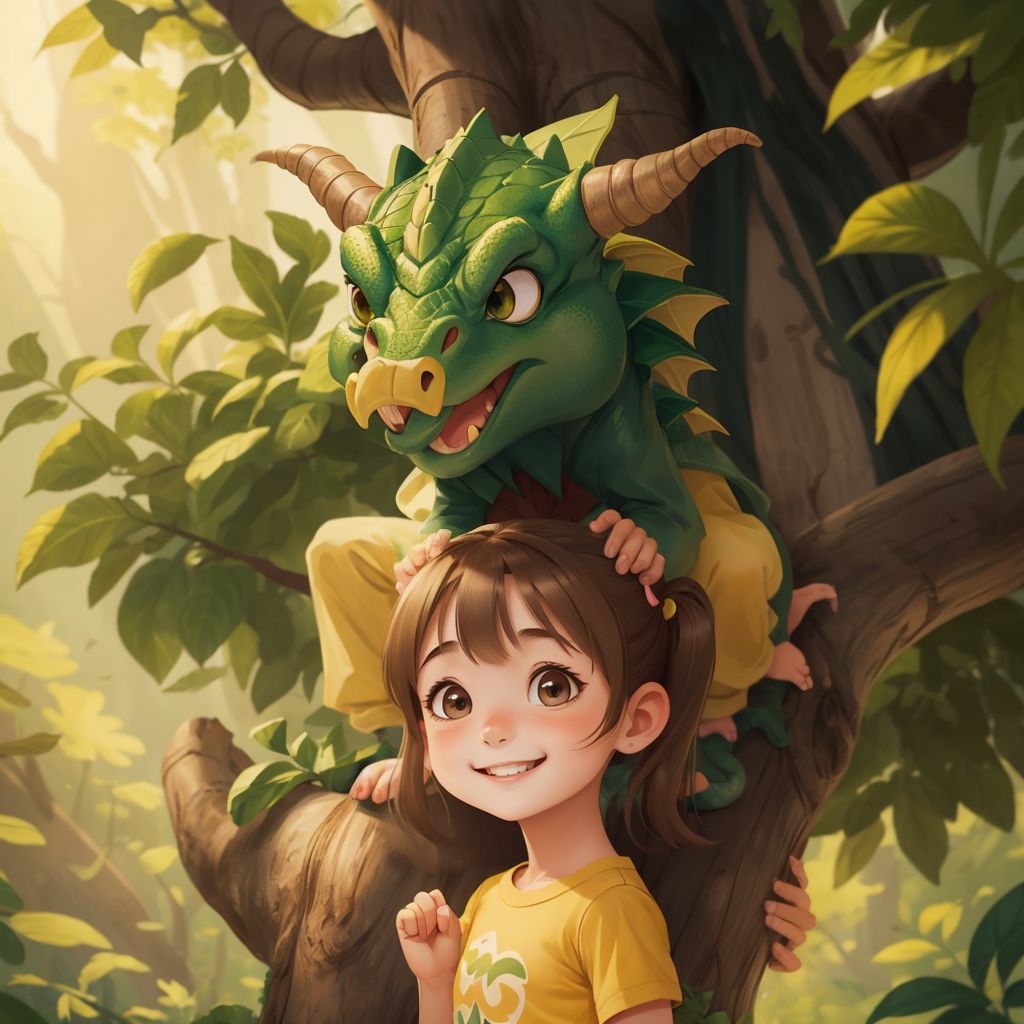 Fizz tangled in tree branches, with Sophia standing below, smiling as she plans his rescue