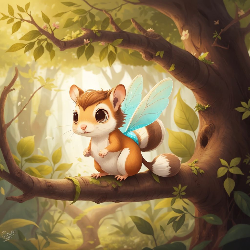 Sally the Fairy Squirrel gliding from a tree with excitement on her face
