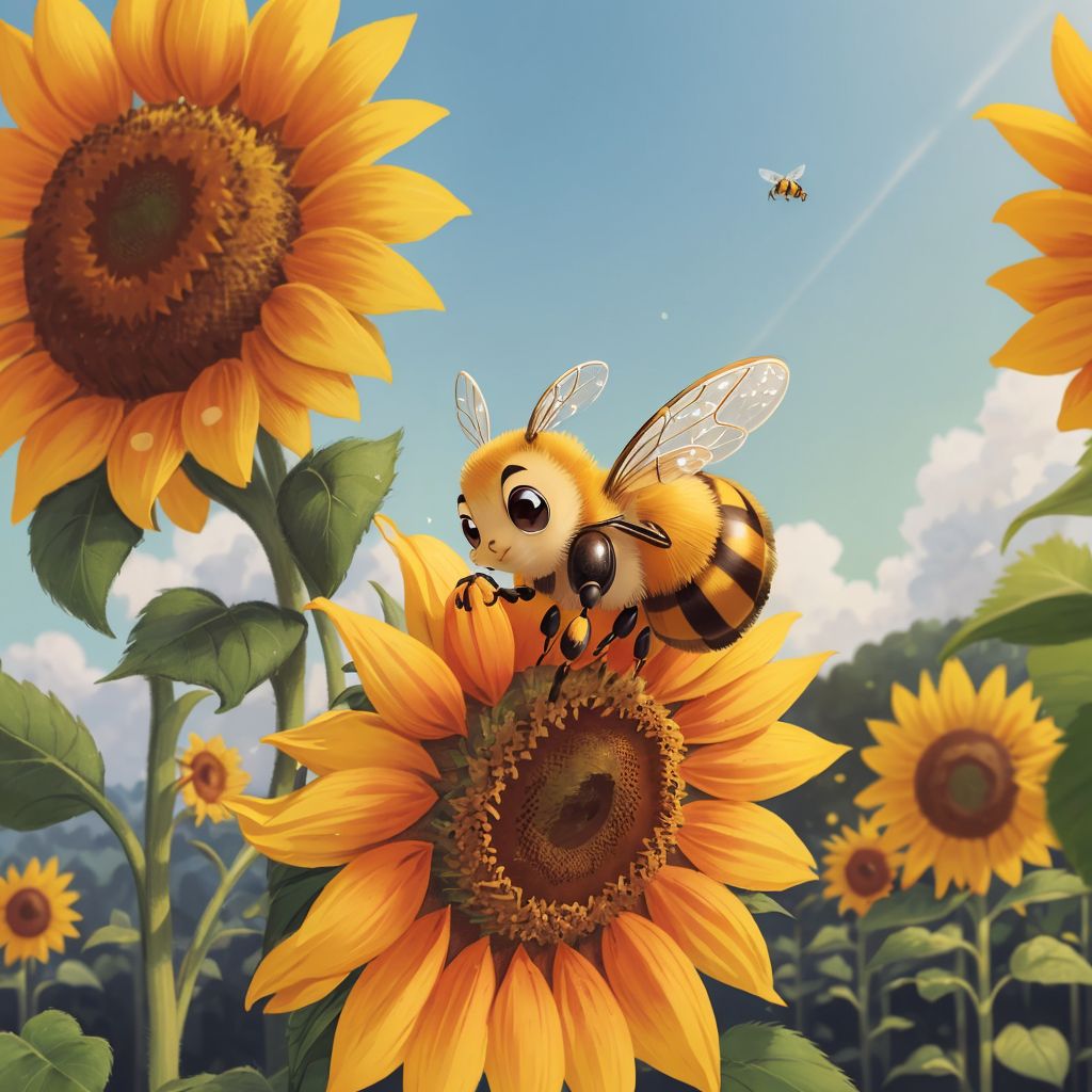 Pippa the cute little bee collecting golden pollen from a sunflower, feeling proud and joyful.