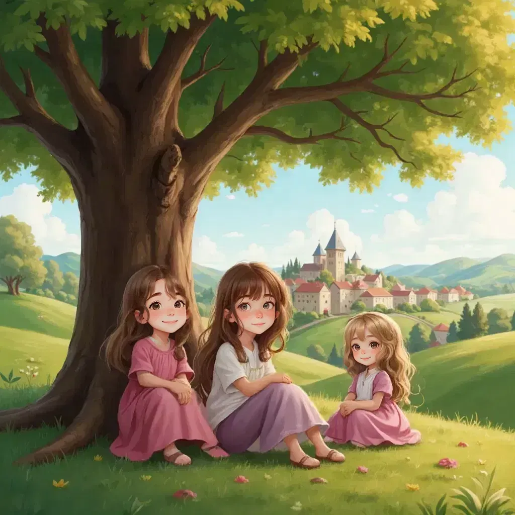 Reign, Lillie, and Jane sitting under a large oak tree with dresses on and long hair, talking and dreaming, with a town visible in the distance