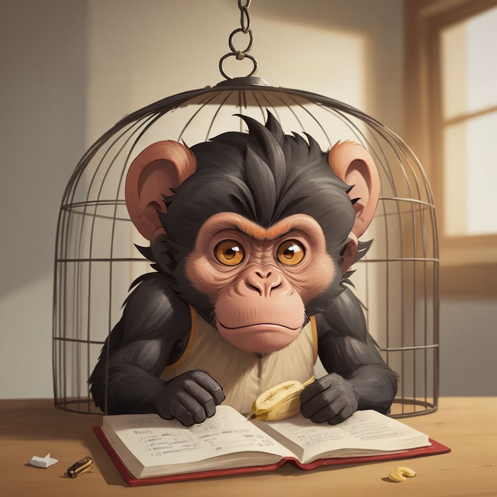 Max the black monkey slipping out of a cage using a banana peel, with a determined and clever expression