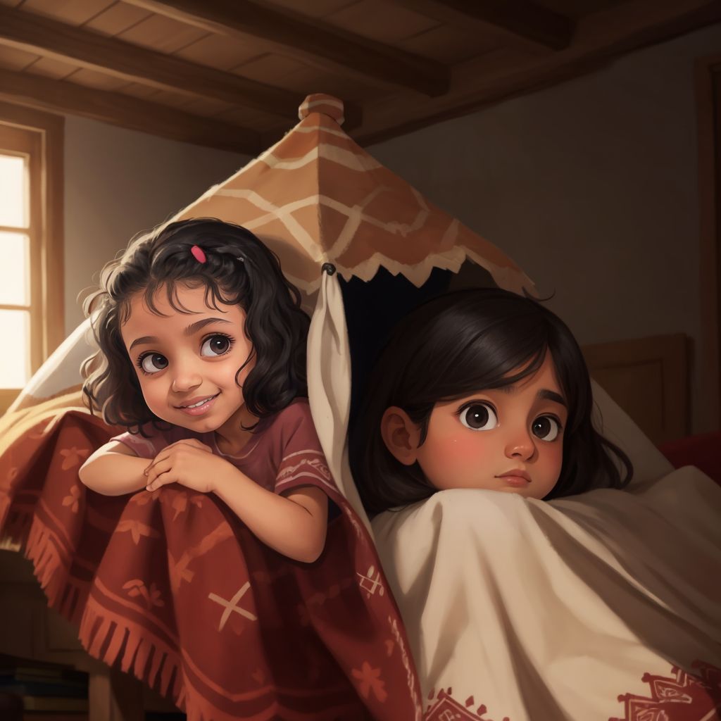 Mayar and Saeed building a fort with blankets inside a cozy room, both smiling