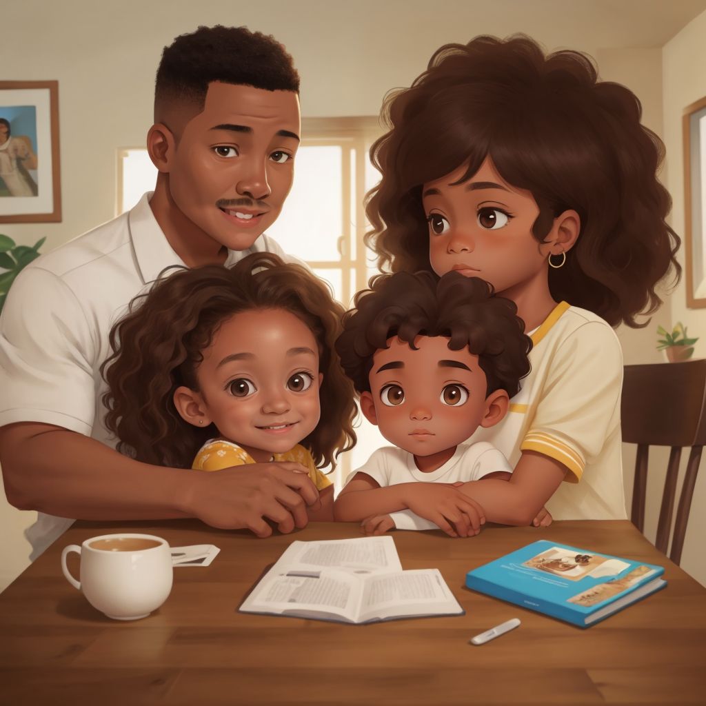 biracial sisster Annie with curly hair and biracial brother Jack with fade hugging African dad and Caucasian mom