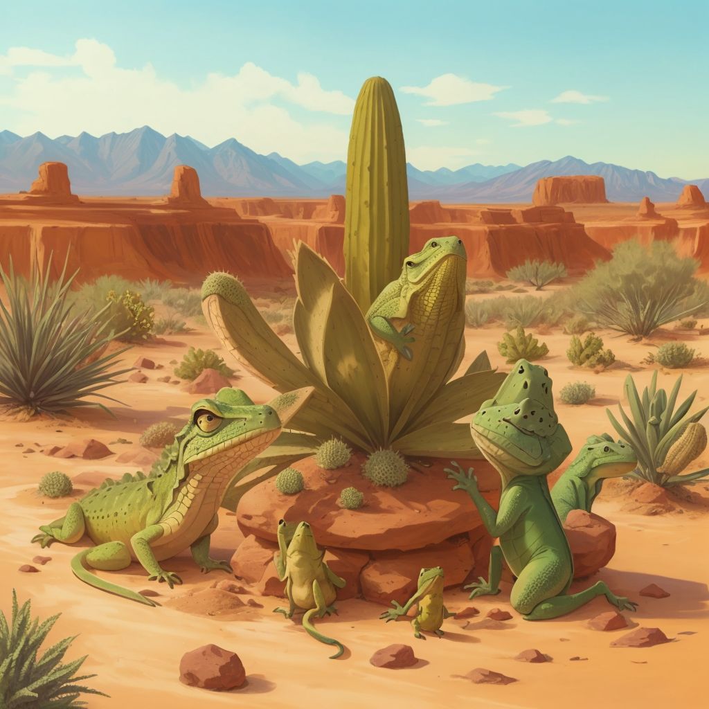 A group of lizards playing near a cactus with a desert background.