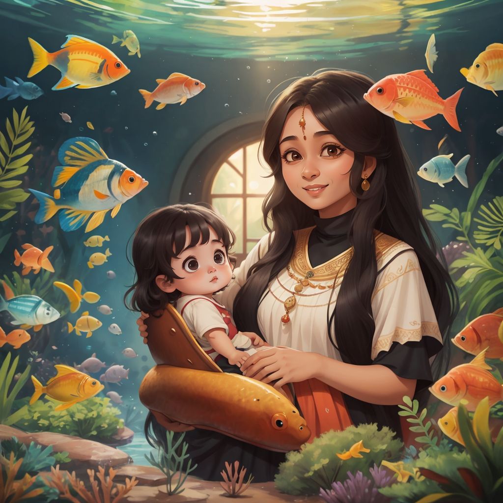 Hannah holding her mum's hand, eyes sparkling with wonder as they enter the aquarium with colorful fish in the background