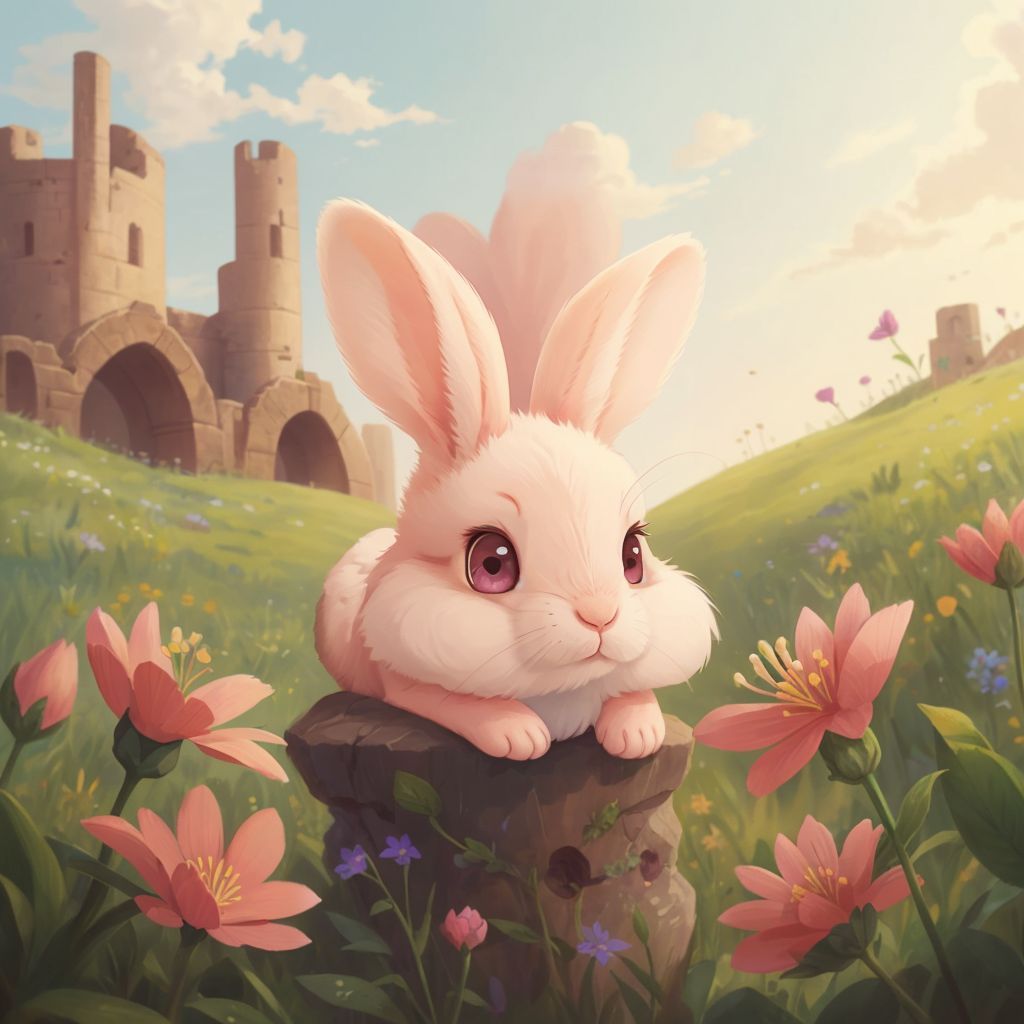 Bonnie Bunny in an ancient world with wildflowers and a look of wonder, surrounded by a historical landscape.
