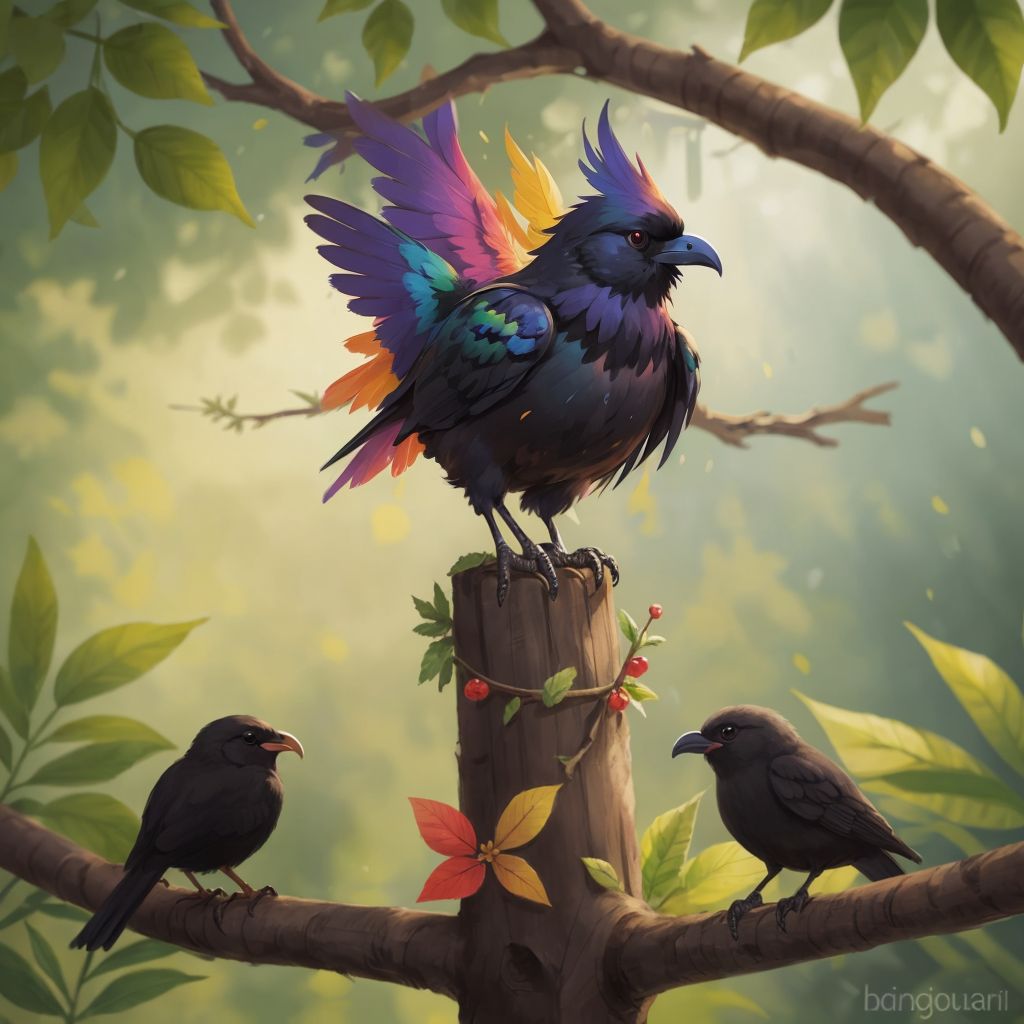 THE MULTICOLORED RAVEN standing proudly on a high branch, his rainbow feathers gleaming in the sunlight, overlooking his forest home filled with happy animals.