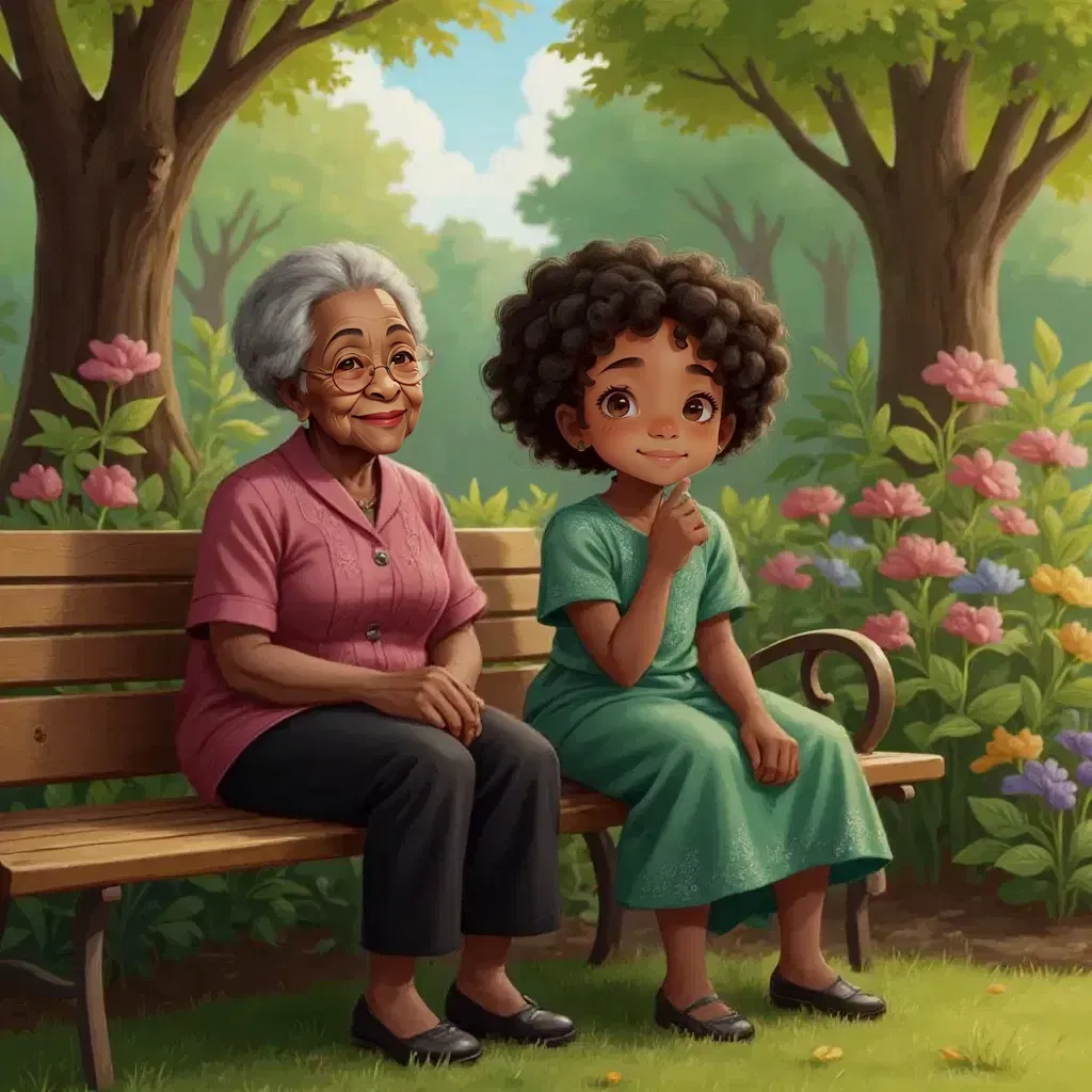 Grandma humming on a wooden bench, Zora sitting beside her with a thoughtful expression