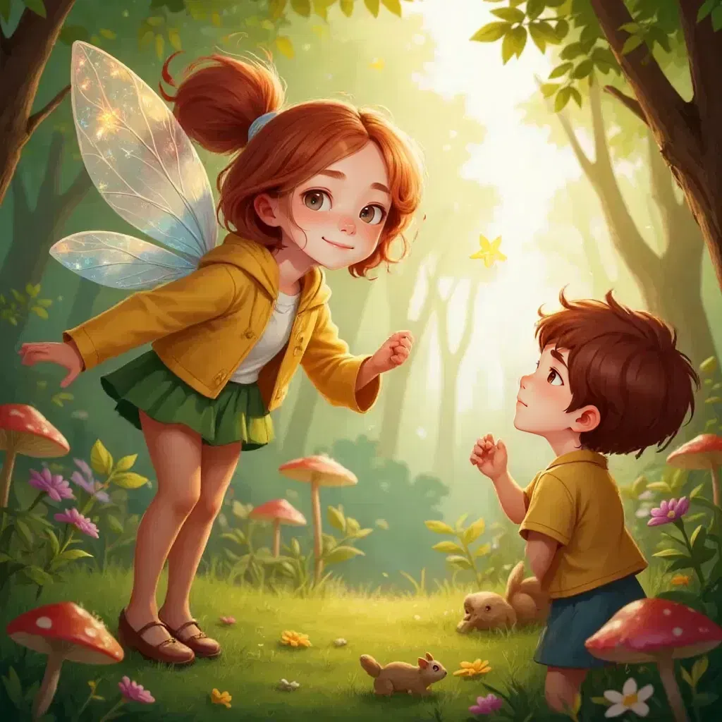 Bubbles (a fairy with wild curly red hair like Merida, sparkling wings, and an expressive face like Ariel) floating in a magical forest clearing, meeting smiling Olivia and Ben who look up at her in wonder. Glowing flowers and mushrooms in the background.