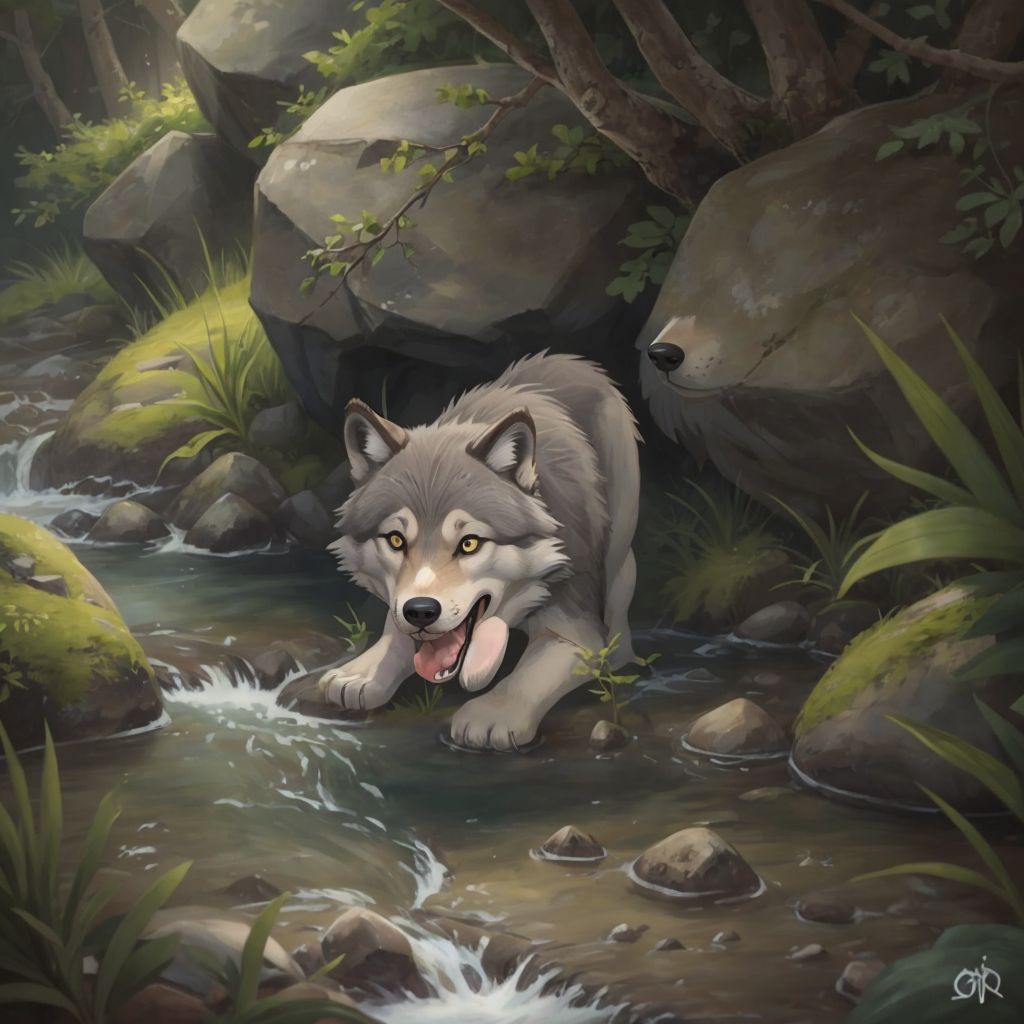 Luna carefully balancing on a stone in the middle of a stream, with determination on her face