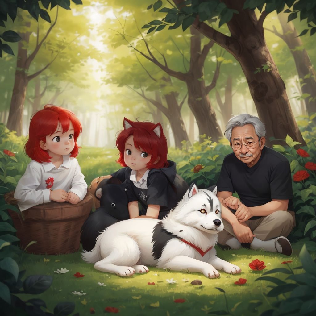 Taiga Tu napping in sunlight, two children with bright red hair excitedly pointing at her. The farmer explaining to the family.