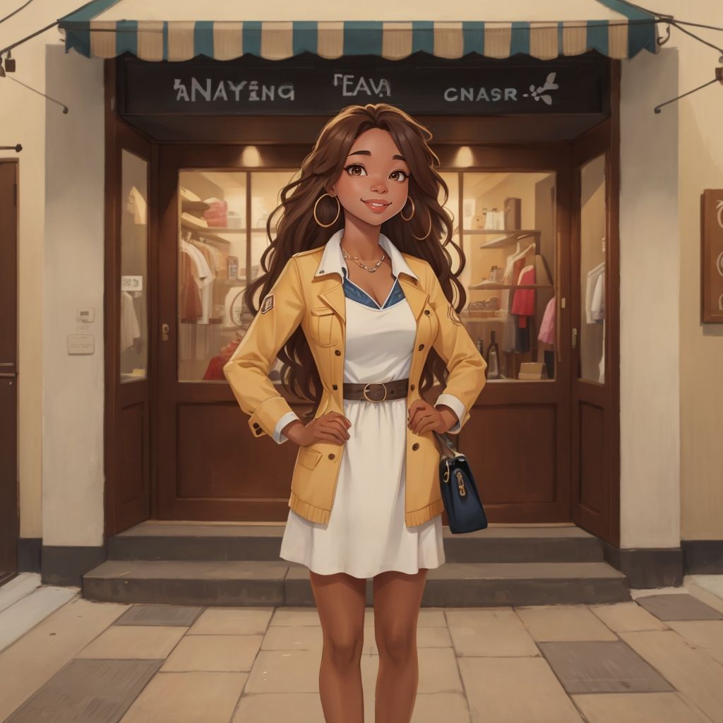 Ava-Alisha smiling confidently, standing in front of a successful clothing boutique with her name on the storefront. The street scene is visible in the background.