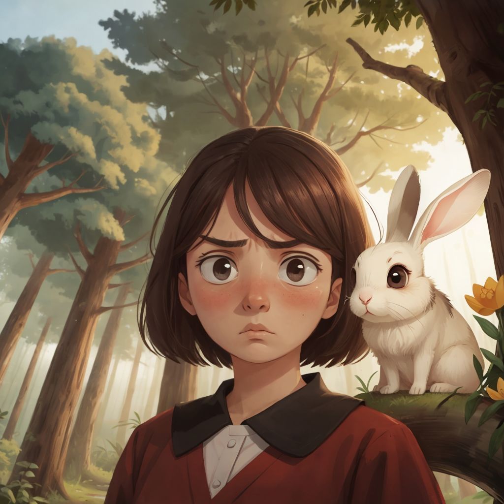 Marry looking worried surrounded by tall trees and shadows, Bax Bunny standing beside her with a thoughtful expression