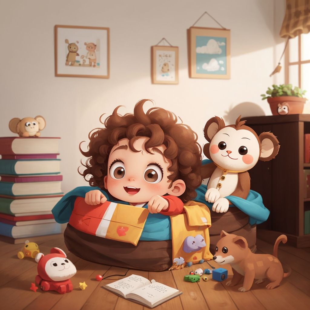 A Boy with curly hair and a well-loved stuffed Monkey with button eyes on a blanket ship, surrounded by toys resembling a sea.