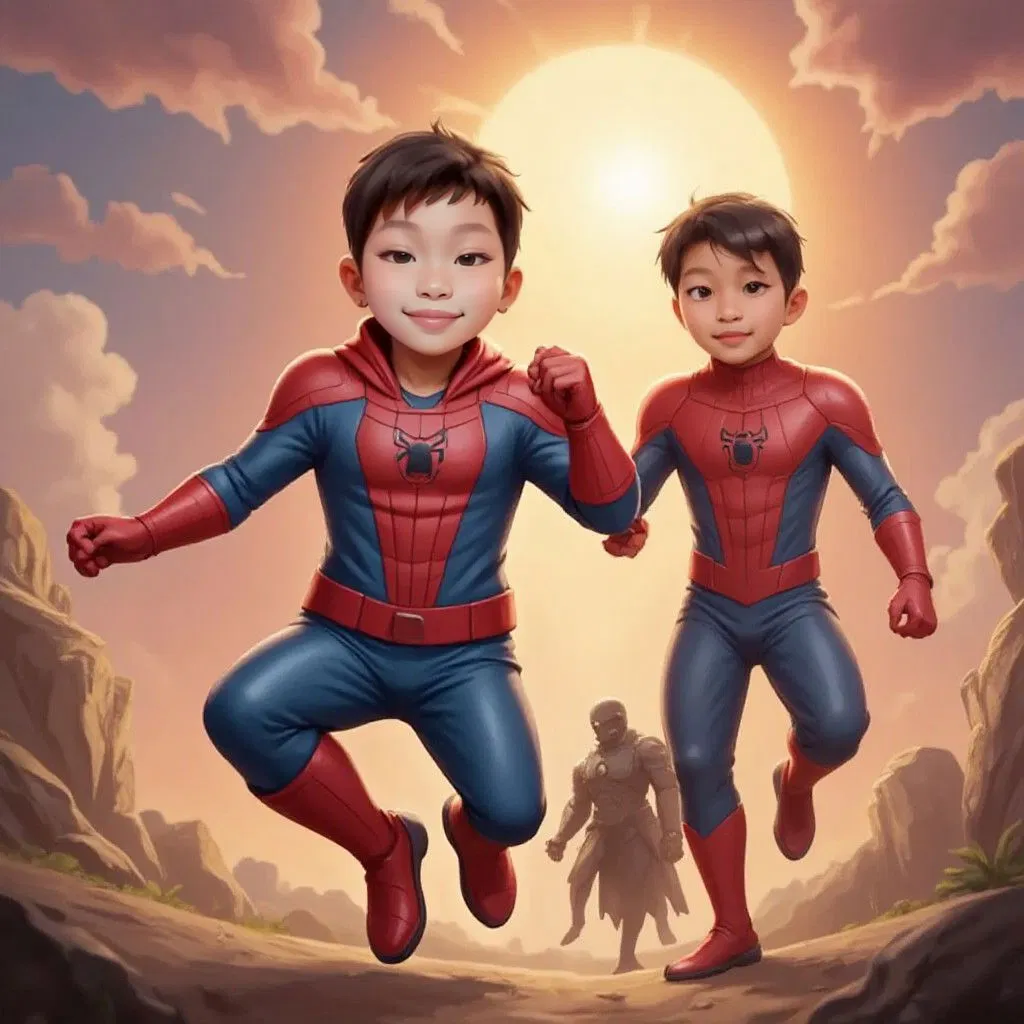 Seth in his combined superhero outfit leading a charge with Spider-Man in red and blue suit beside him. A dark figure (Venos) visible in the distance against the solar backdrop