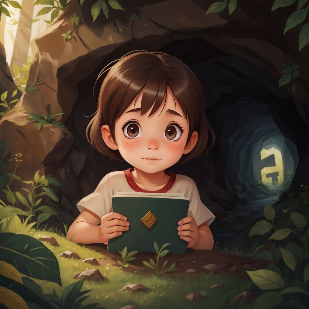 Jana searching through bushes with a determined look, finding letters hidden in a cave.