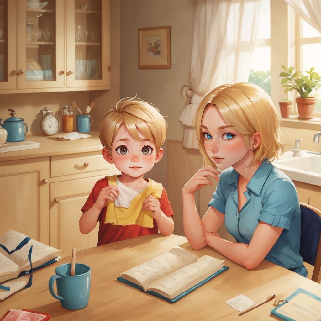 Boy holding a crumpled towel, looking puzzled, with Mom smiling beside him