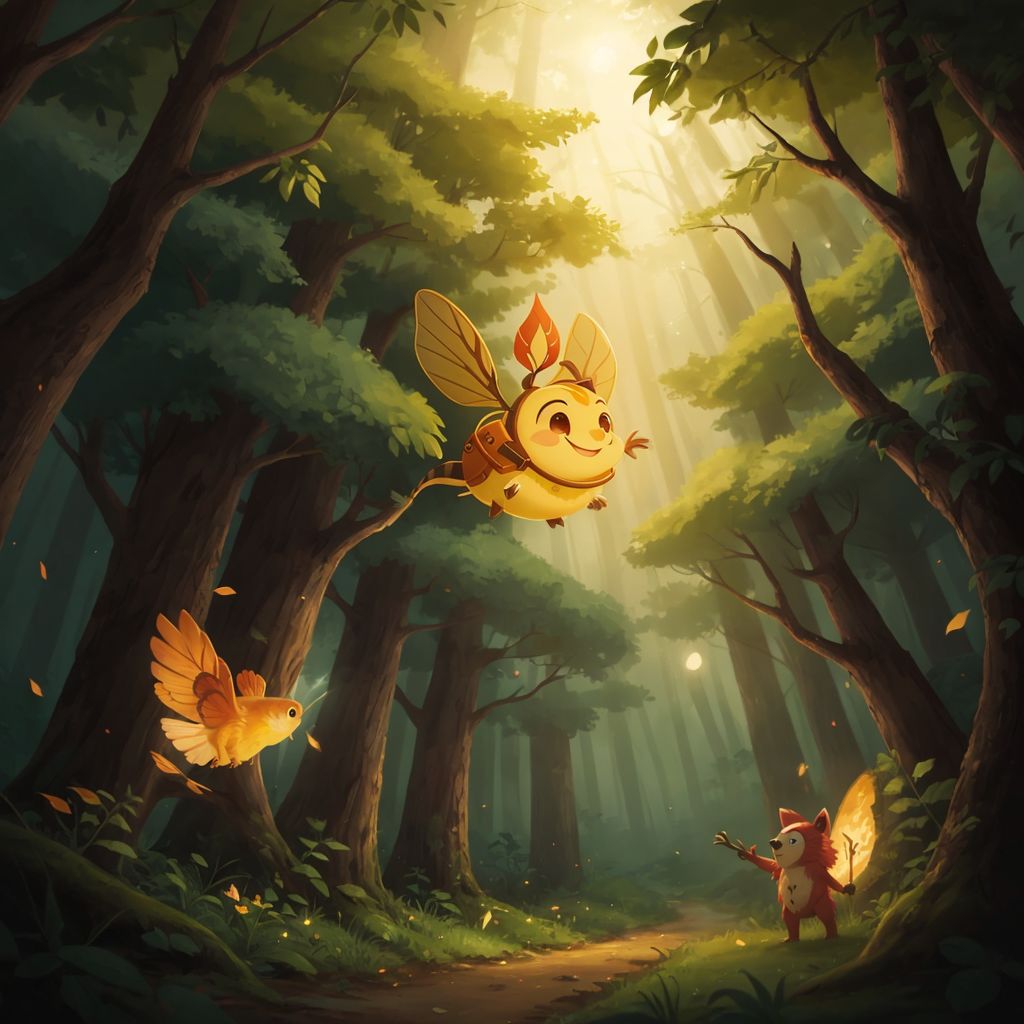 Spark flying through a brightly lit forest, with creatures sharing the light