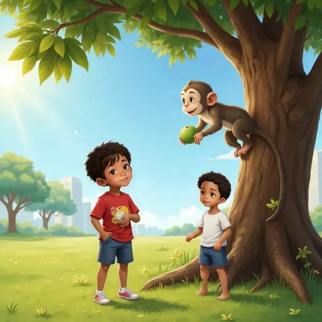 Josh and Mikey standing near a tree, looking up at a monkey holding a cricket ball on a branch