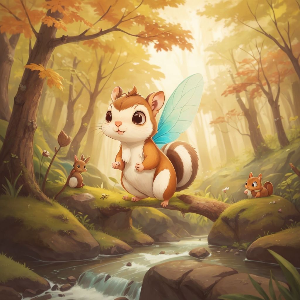 Sally the Fairy Squirrel thinking hard, hovering above a wide river