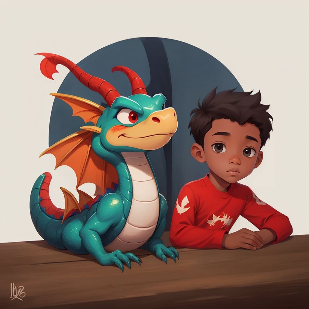 A close-up of the Dragon with its red and blue undercoat and friendly smile, facing Jeremiah Johnikin who looks curious.