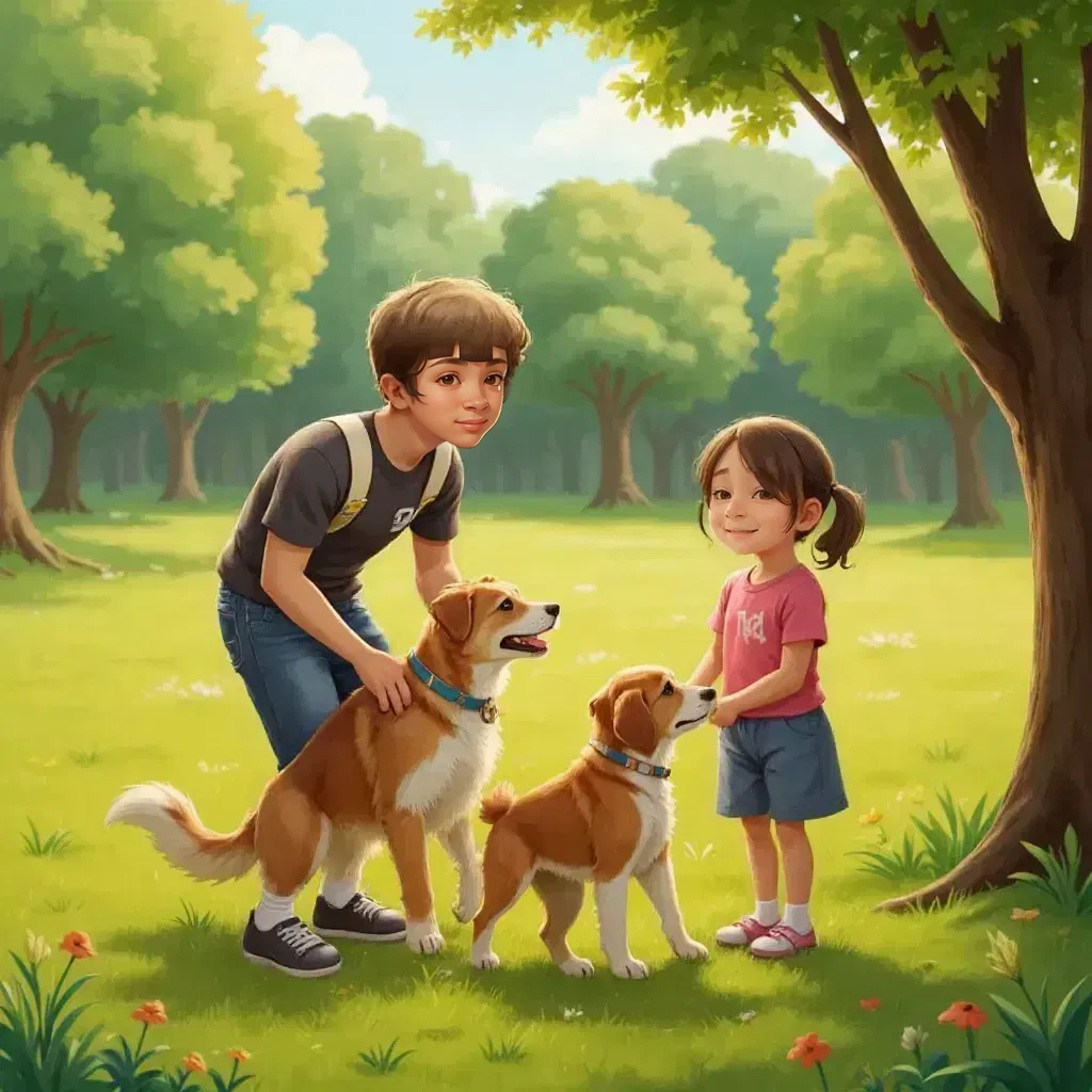 Ezra 2 and Drew 2 with Linda the dog, standing supportively beside Mily 2.