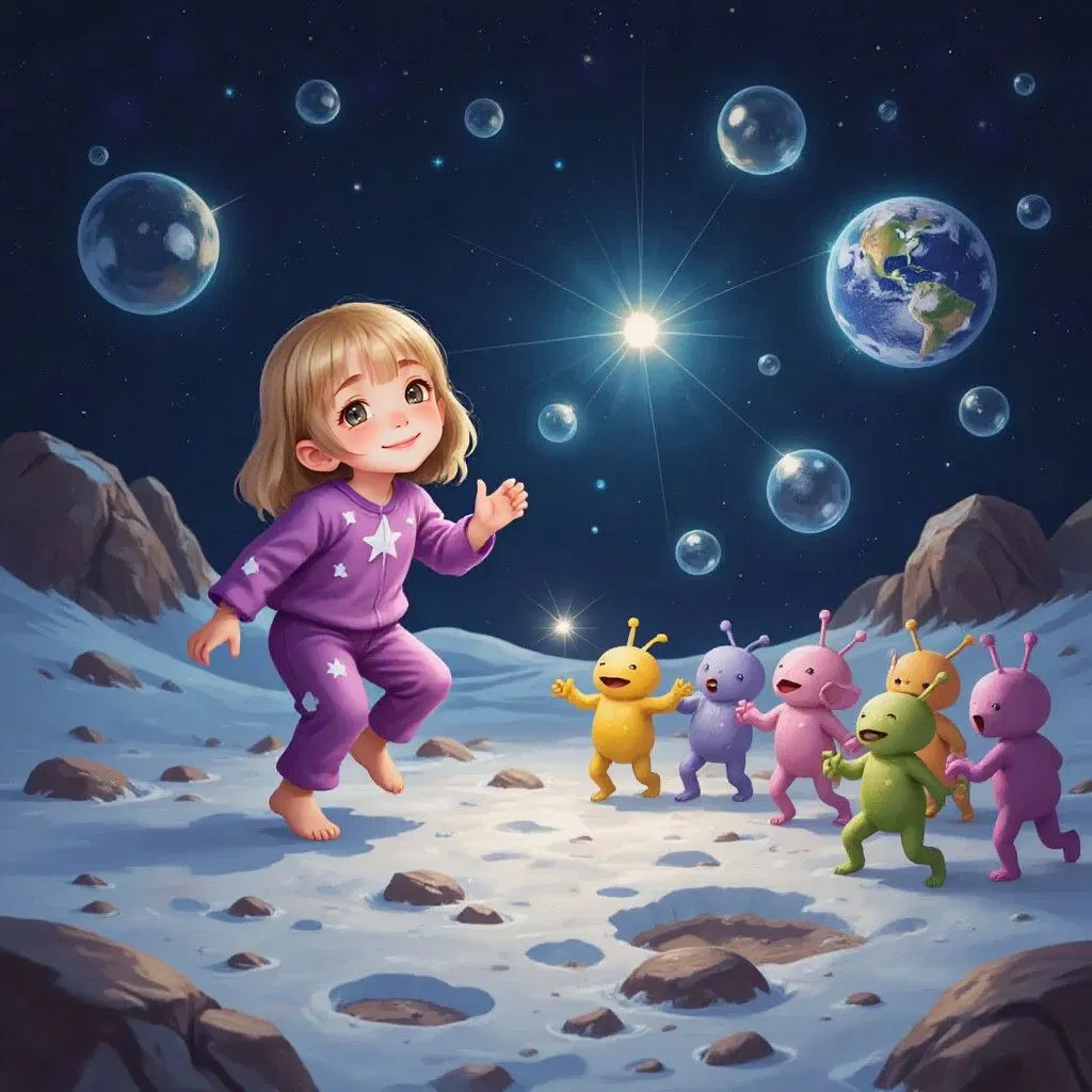 Aria and the aliens bouncing around the moon, catching colorful bubbles filled with stardust. A mystical moon landscape in the background.