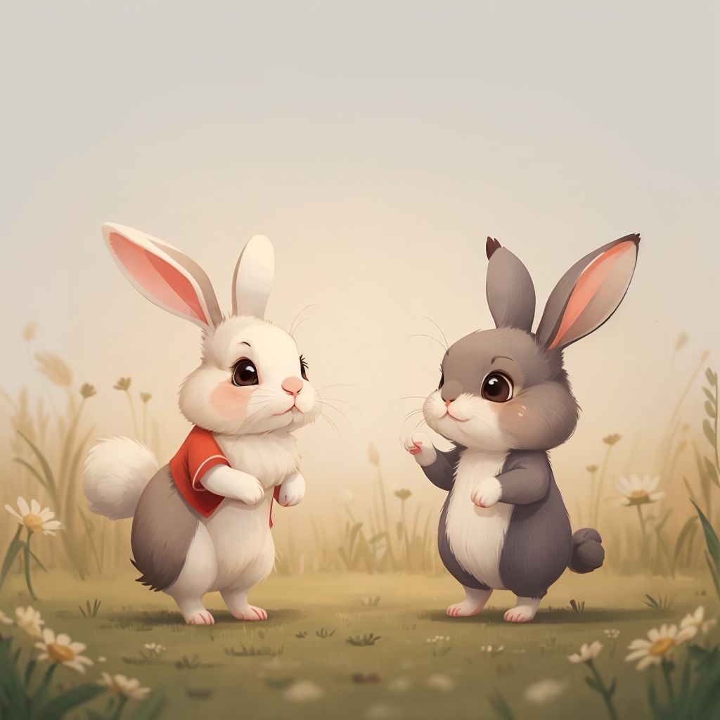 A sad Runny and an upset Bunny in a meadow, Bunny stomping his foot