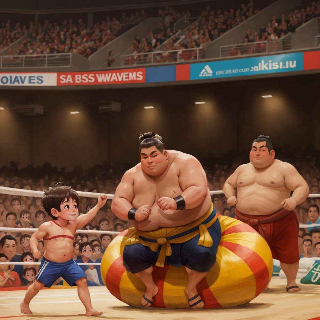 Osh watching a sumo wrestling match with awe, with big wrestlers in a ring and a cheering crowd in the background.