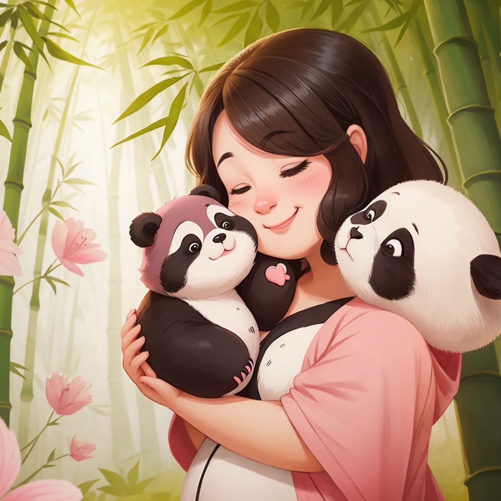 Polly Panda giggling with her mama, feeling light and joyful in the bamboo forest